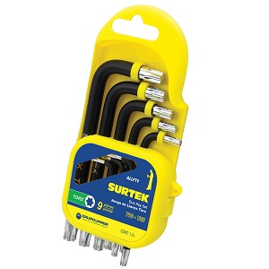 Surtek Long arm Tor-® key set, 9 he-agonal pieces on rack 